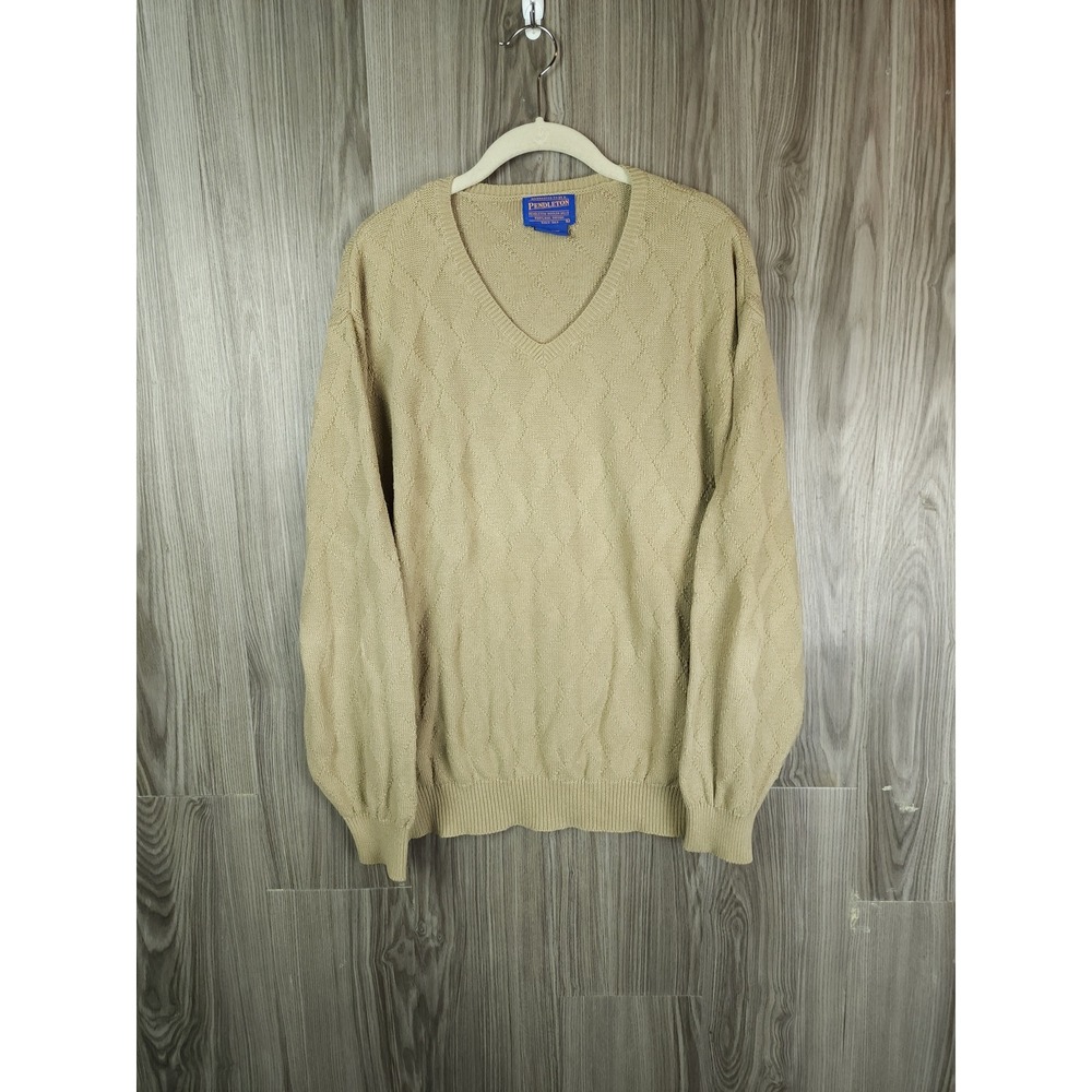 Pendleton Mens‎ V-Neck Sweater Tan Beige 100% Cotton Diamond Knit Large